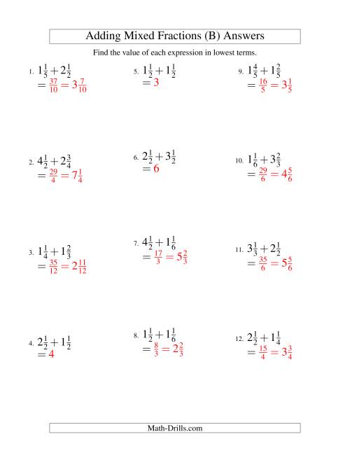 The Adding Mixed Fractions Easy Version (B) Math Worksheet Page 2