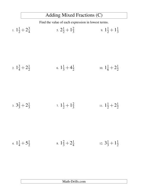The Adding Mixed Fractions Easy Version (C) Math Worksheet