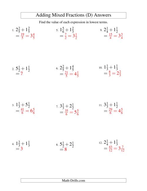The Adding Mixed Fractions Easy Version (D) Math Worksheet Page 2