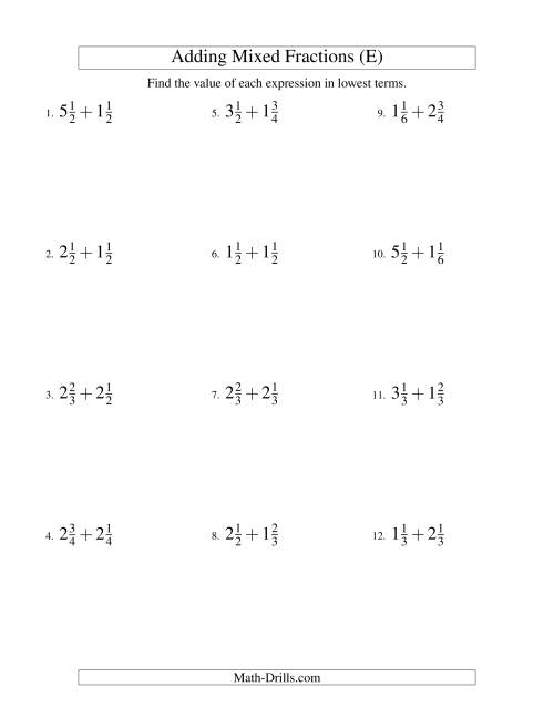 The Adding Mixed Fractions Easy Version (E) Math Worksheet