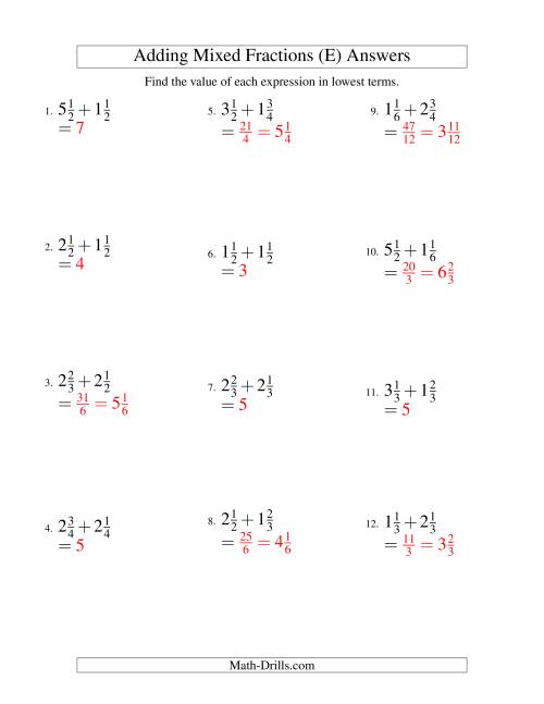 The Adding Mixed Fractions Easy Version (E) Math Worksheet Page 2