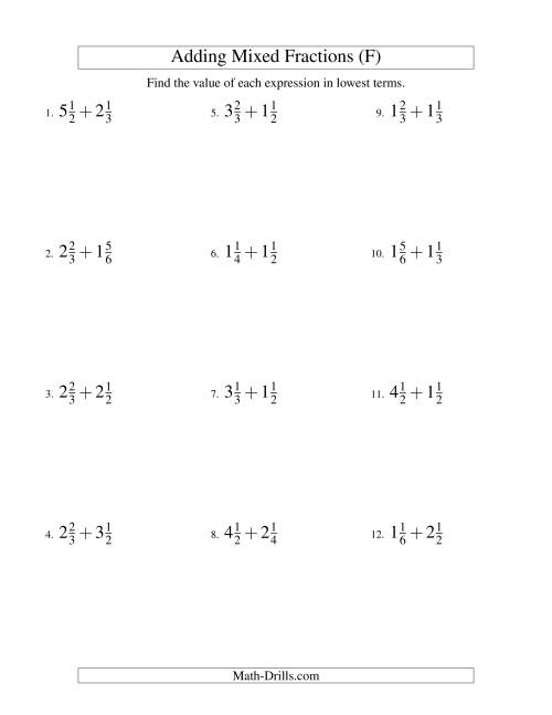 The Adding Mixed Fractions Easy Version (F) Math Worksheet