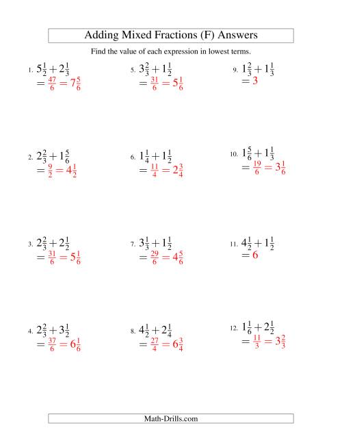The Adding Mixed Fractions Easy Version (F) Math Worksheet Page 2