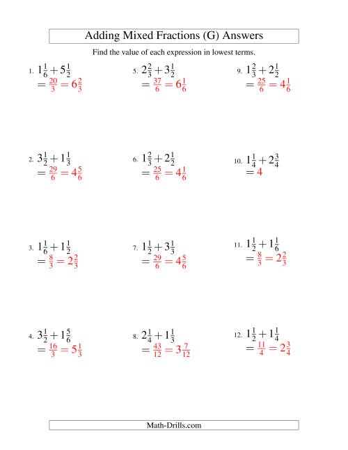 The Adding Mixed Fractions Easy Version (G) Math Worksheet Page 2