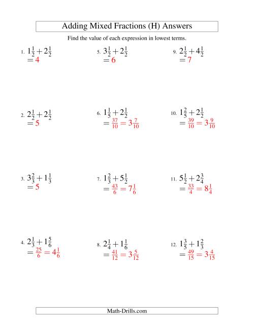 The Adding Mixed Fractions Easy Version (H) Math Worksheet Page 2