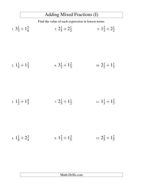 The Adding Mixed Fractions Easy Version (I) Math Worksheet