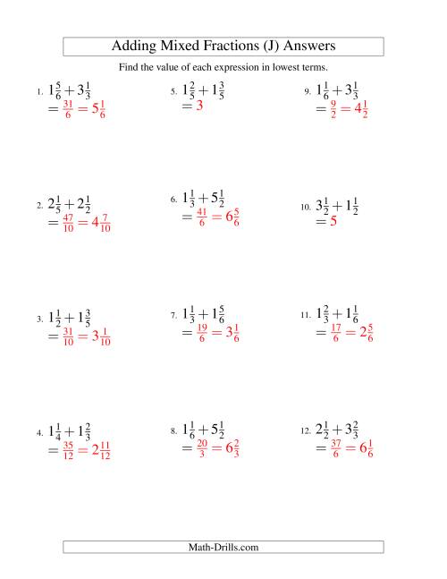 The Adding Mixed Fractions Easy Version (J) Math Worksheet Page 2