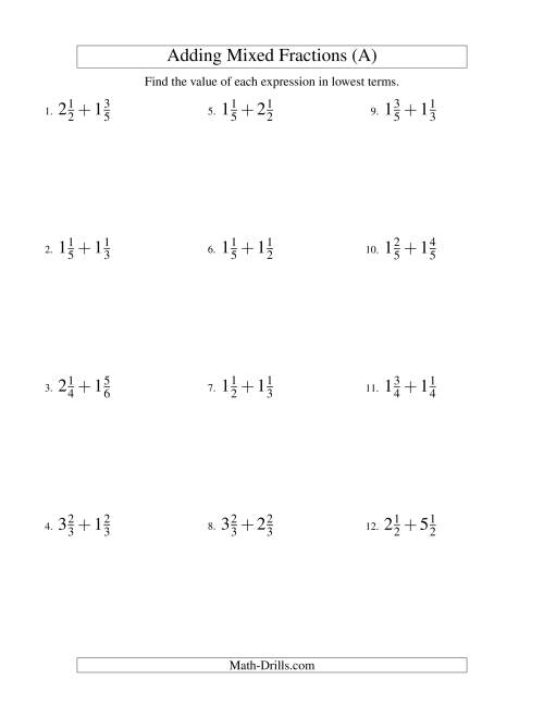 The Adding Mixed Fractions Easy Version (All) Math Worksheet