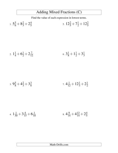 The Adding Mixed Fractions Extreme Version (C) Math Worksheet