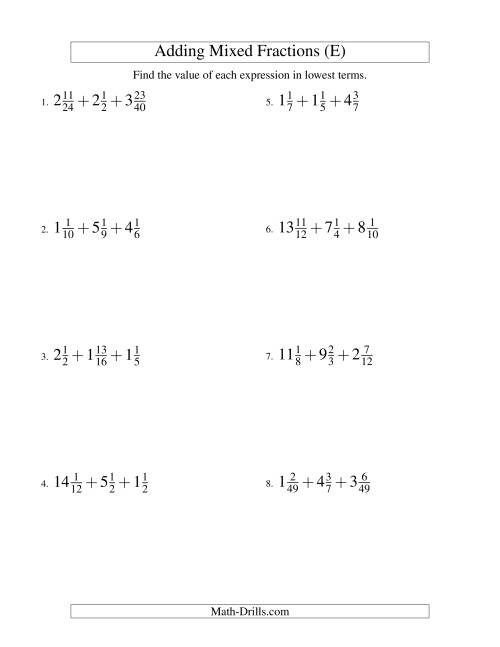 The Adding Mixed Fractions Extreme Version (E) Math Worksheet