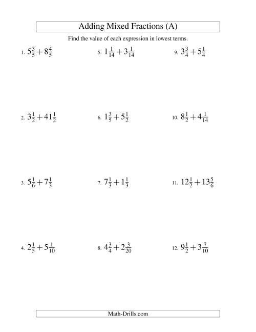 The Adding Mixed Fractions Hard Version (A) Math Worksheet