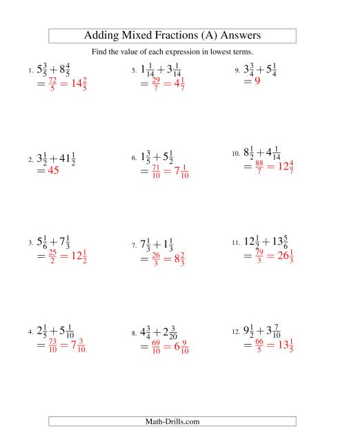 The Adding Mixed Fractions Hard Version (A) Math Worksheet Page 2