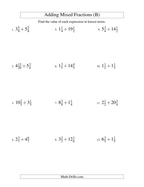 The Adding Mixed Fractions Hard Version (B) Math Worksheet