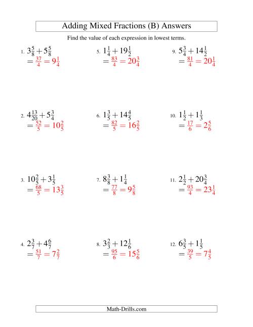 The Adding Mixed Fractions Hard Version (B) Math Worksheet Page 2
