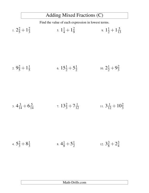 The Adding Mixed Fractions Hard Version (C) Math Worksheet