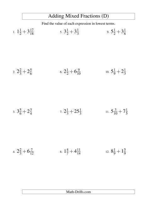 The Adding Mixed Fractions Hard Version (D) Math Worksheet