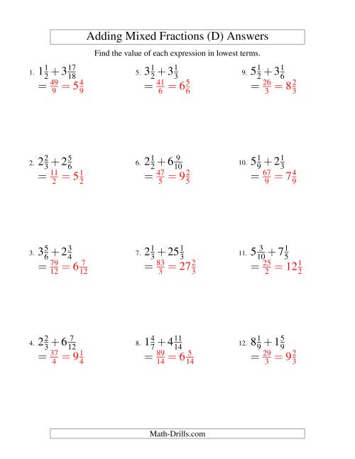 The Adding Mixed Fractions Hard Version (D) Math Worksheet Page 2
