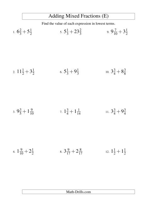 The Adding Mixed Fractions Hard Version (E) Math Worksheet