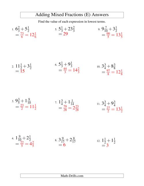 The Adding Mixed Fractions Hard Version (E) Math Worksheet Page 2