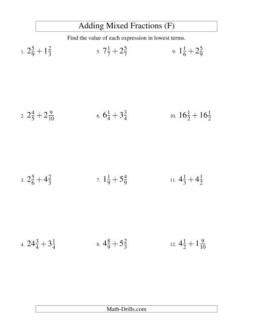 The Adding Mixed Fractions Hard Version (F) Math Worksheet