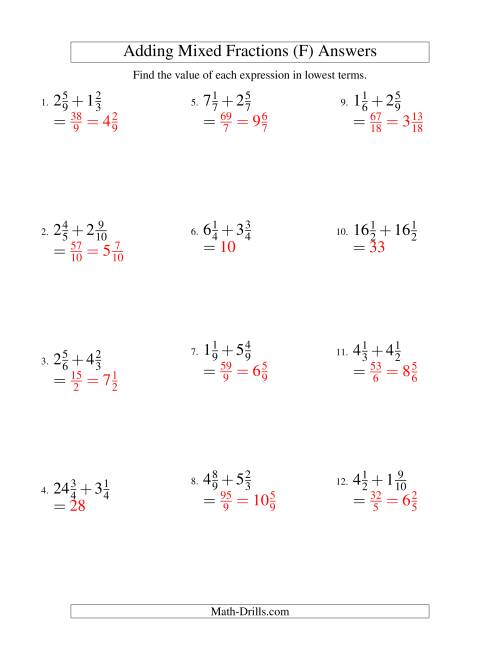 The Adding Mixed Fractions Hard Version (F) Math Worksheet Page 2