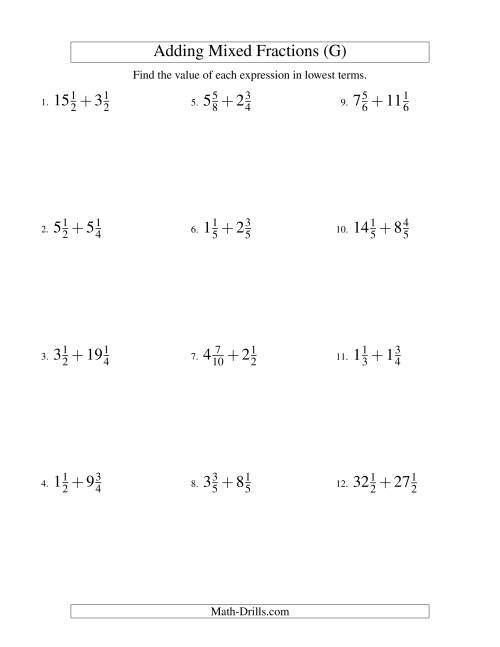 The Adding Mixed Fractions Hard Version (G) Math Worksheet