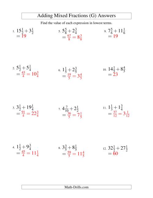 The Adding Mixed Fractions Hard Version (G) Math Worksheet Page 2