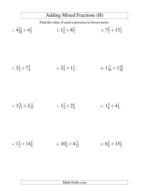 The Adding Mixed Fractions Hard Version (H) Math Worksheet