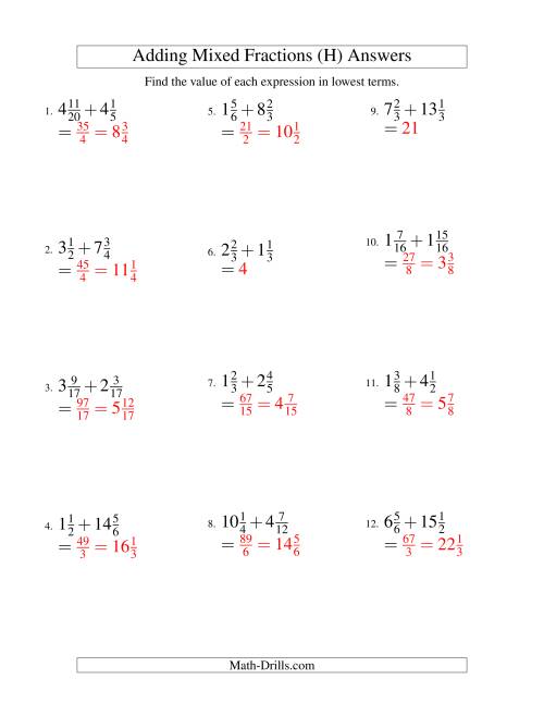 The Adding Mixed Fractions Hard Version (H) Math Worksheet Page 2