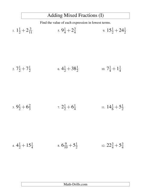 The Adding Mixed Fractions Hard Version (I) Math Worksheet