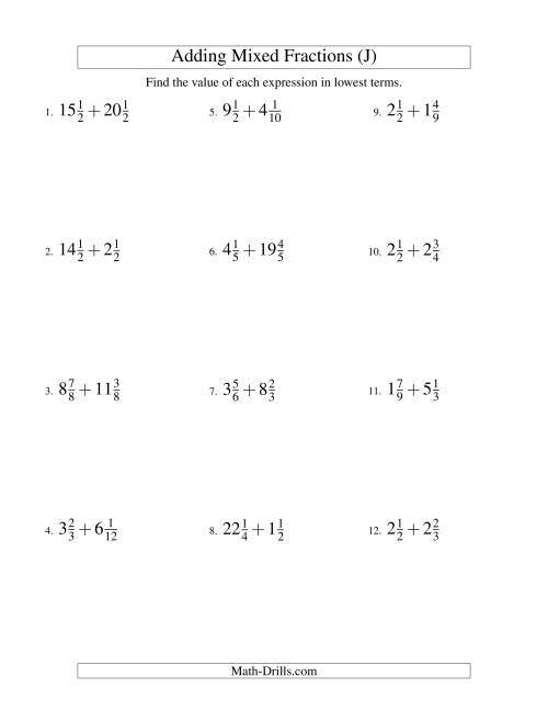 The Adding Mixed Fractions Hard Version (J) Math Worksheet