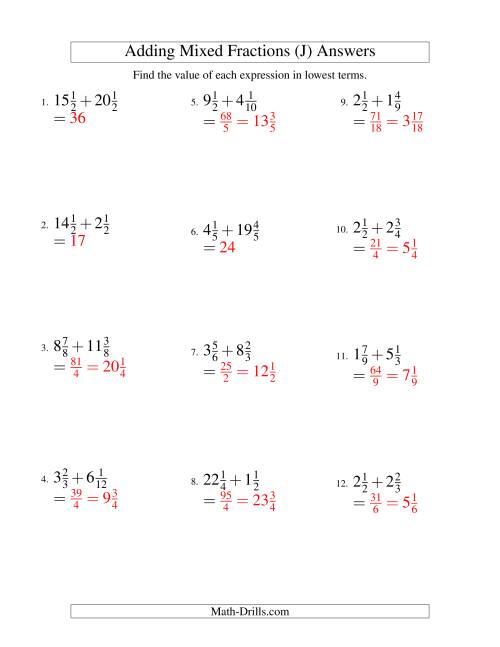 The Adding Mixed Fractions Hard Version (J) Math Worksheet Page 2