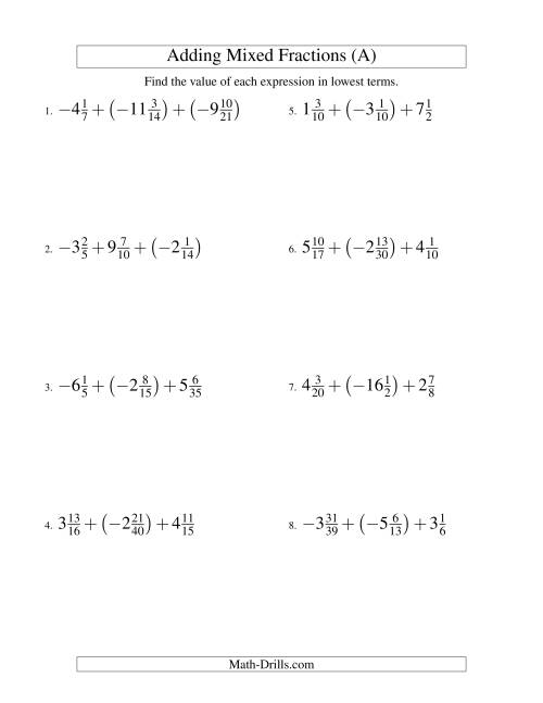 The Adding Mixed Fractions Super Extreme Version (A) Math Worksheet