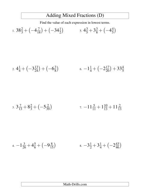 The Adding Mixed Fractions Super Extreme Version (D) Math Worksheet