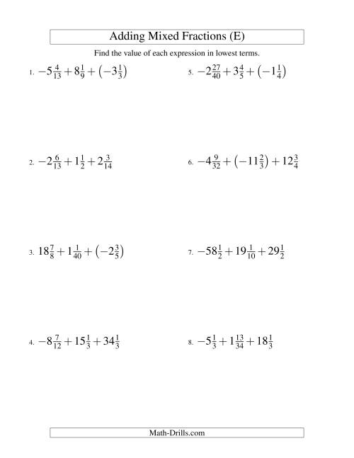 The Adding Mixed Fractions Super Extreme Version (E) Math Worksheet