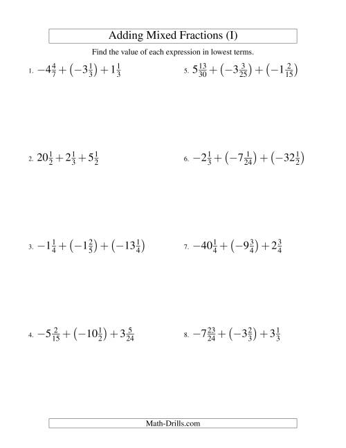 The Adding Mixed Fractions Super Extreme Version (I) Math Worksheet