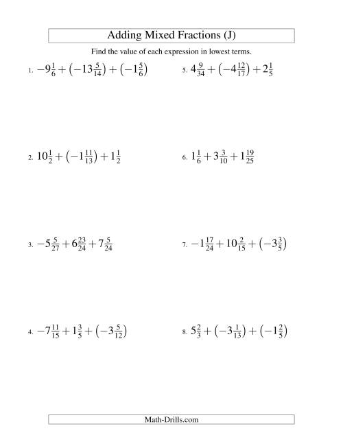 The Adding Mixed Fractions Super Extreme Version (J) Math Worksheet