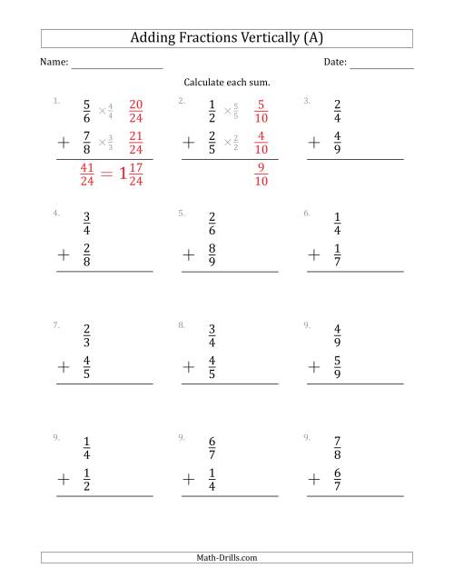 The Adding Proper Fractions Vertically with Denominators from 2 to 9 (A) Math Worksheet