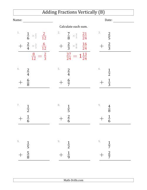 The Adding Proper Fractions Vertically with Denominators from 2 to 9 (B) Math Worksheet