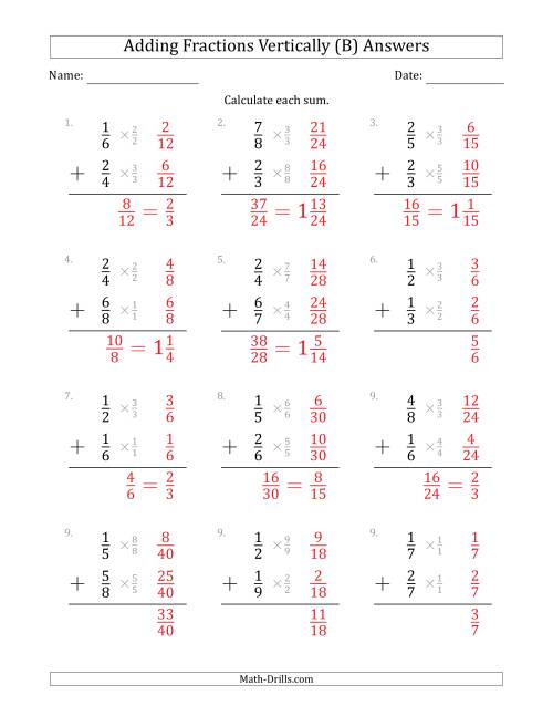 The Adding Proper Fractions Vertically with Denominators from 2 to 9 (B) Math Worksheet Page 2