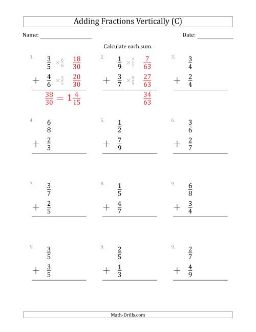 The Adding Proper Fractions Vertically with Denominators from 2 to 9 (C) Math Worksheet