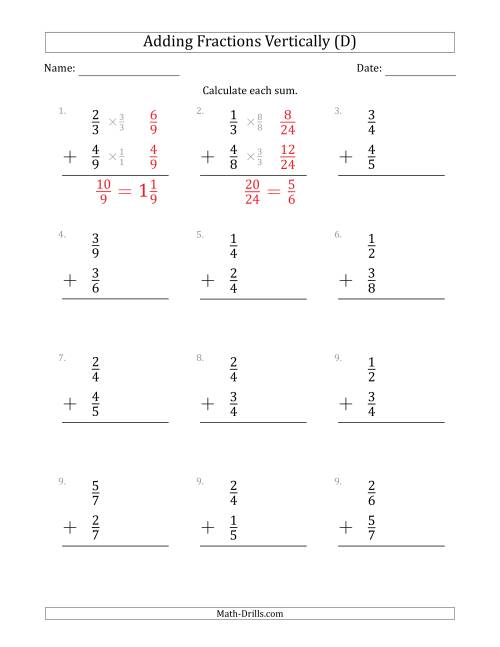 The Adding Proper Fractions Vertically with Denominators from 2 to 9 (D) Math Worksheet