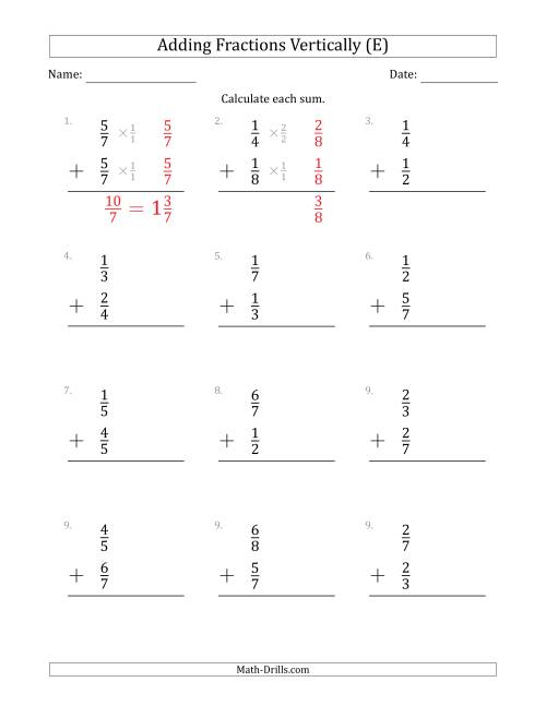 The Adding Proper Fractions Vertically with Denominators from 2 to 9 (E) Math Worksheet