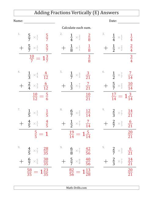 The Adding Proper Fractions Vertically with Denominators from 2 to 9 (E) Math Worksheet Page 2