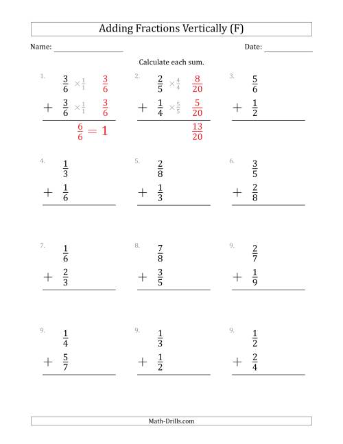 The Adding Proper Fractions Vertically with Denominators from 2 to 9 (F) Math Worksheet
