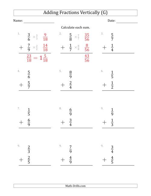 The Adding Proper Fractions Vertically with Denominators from 2 to 9 (G) Math Worksheet
