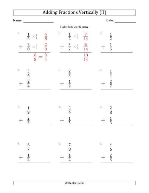 The Adding Proper Fractions Vertically with Denominators from 2 to 9 (H) Math Worksheet