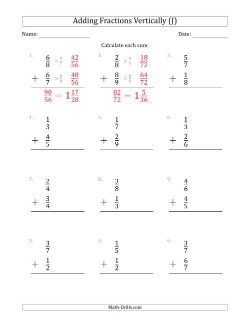 The Adding Proper Fractions Vertically with Denominators from 2 to 9 (J) Math Worksheet