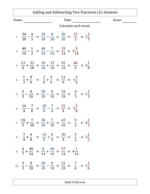 The Adding and Subtracting Fractions -- No Mixed Fractions (A) Math Worksheet Page 2