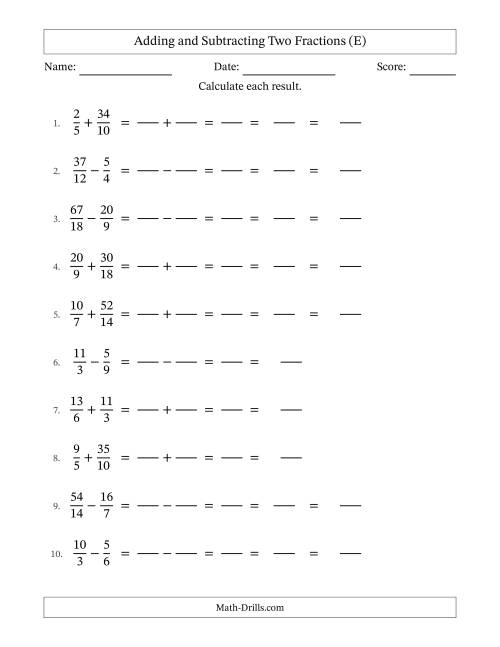 The Adding and Subtracting Proper and Improper Fractions with Similar Denominators, Mixed Fractions Results and Some Simplifying (Fillable) (E) Math Worksheet